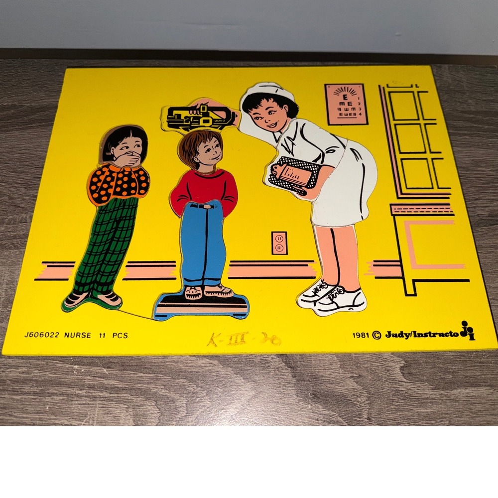 Vintage 1981 Judy Instructo Nurse Wooden Inlay Puzzle 11 Pieces J606022 Yellow